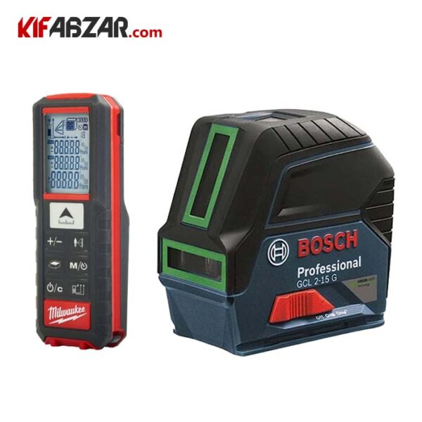 تراز لیزری دو خط نقطه زن نور سبز بوش + متر لیزری 50 متر میلواکی