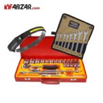 ست  آچار یکسر تخت یکسر رینگی ریکو +جعبه بکس 1/2 اینچ 6 پر 25 عددی تات+چراغ پیشانی