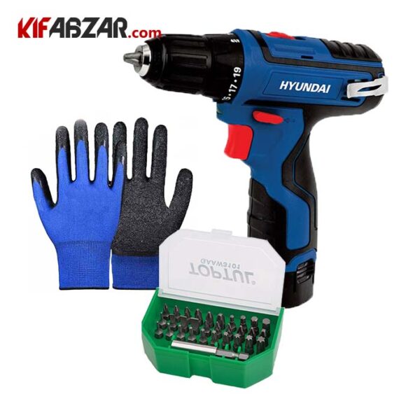 fbed656950e04e258023bc60d5015535 دریل شارژی هیوندای+جعبه پیج گوشتی دریلی تاپ تول+دستکش ایمنی ضد برش لاتکس کالکان - Image 1