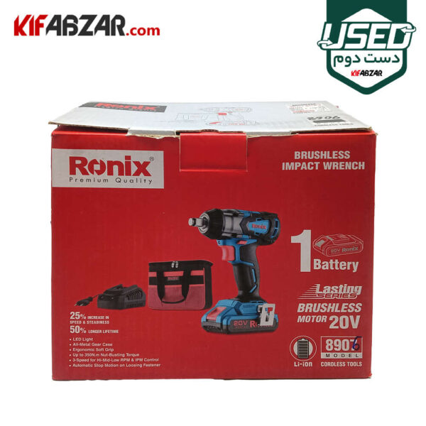 جعبه کارتنی پیچ گوشتی شارژی براشلس 20 ولت رونیکس مدل 8906 دسته دوم