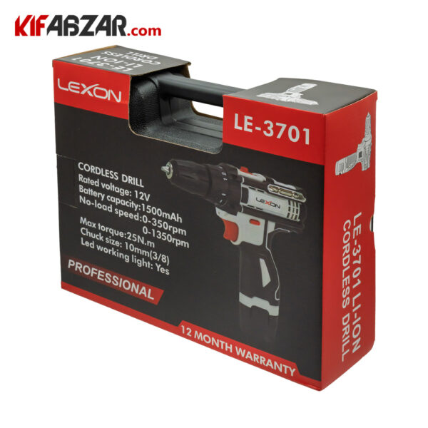 بسته بندی دریل پیچ گوشتی شارژی 12 ولت لکسون مدل LE-3701