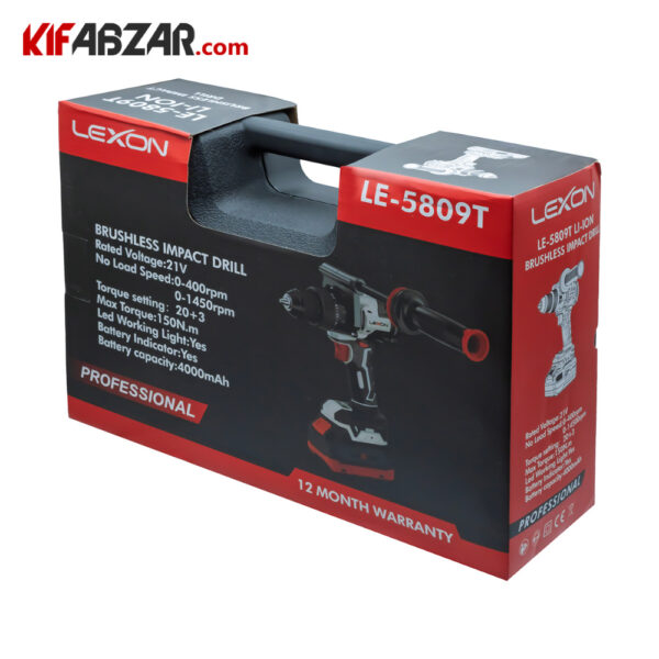 بسته بندی دریل پیچ گوشتی چکشی براشلس 21 ولت لکسون مدل LE-5809T