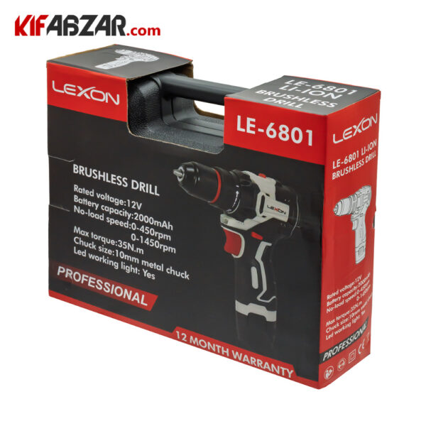 بسته بندی دریل پیچ گوشتی شارژی براشلس 12 ولت لکسون مدل LE-6801
