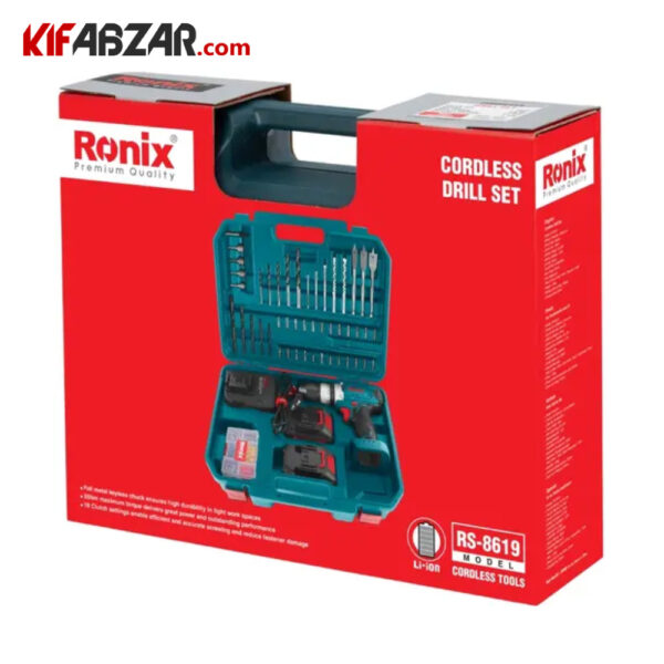 بسته بندی کیت 53 عددی دریل شارژی چکشی 20 ولت رونیکس مدل RS-8619